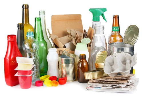 A diverse collection of rubbish items including glass bottles, plastic containers, paper bags, aluminum cans, cardboard, and crumpled paper, all arranged on a flat surface against a plain white background. The glass bottles are of various colors such as green, amber, and clear, with some tall and slender, others shorter and wider. Plastic bottles and containers are scattered among them, with some featuring spray nozzles, and others with caps or lids in red, yellow, and green hues. Cardboard boxes and cardboard packaging are folded and stacked, with some partially torn or crumpled, arranged toward the center and right side of the image. There are also crumpled paper and tissue paper, as well as can lids and plastic wrappers, mixed within the collection. The diversity of materials and the arrangement reflect typical waste items encountered in general rubbish removal, suitable for a professional service like Garden Clearance Barbican in the City of London postcodes. The overall scene is well-lit, emphasizing the textures and colors of the waste items, illustrating the type of clutter involved in garden clearance and rubbish disposal services.